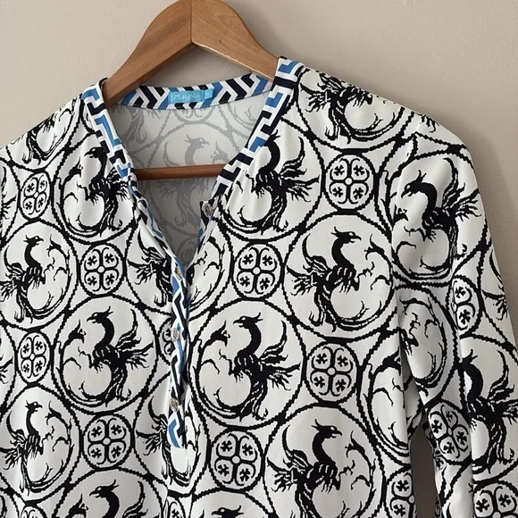 J McLaughlin Tunic Top Catalina Cloth Black White Phoenix Print 3/4 Sleeve Sz M - Picture 3 of 11